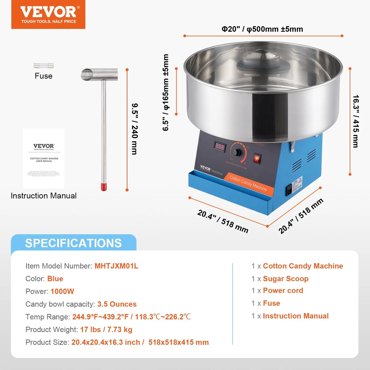 VEVOR Candy Floss Machine 1000 W with Stainless Steel Bowl and Sugar Scoop, Blue