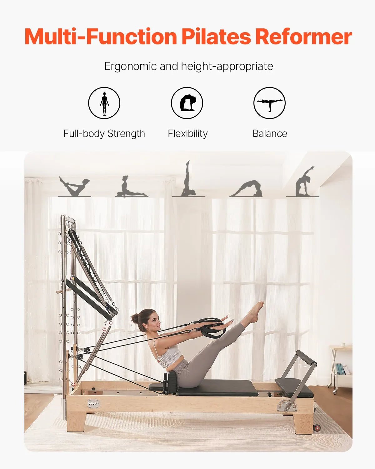 VEVOR koka pilates reformeris ar dubulto pretestību, treniņu aprīkojums ar reformera kasti un lēciena platformu, piemērots iesācējiem un pieredzējušiem lietotājiem mājas sporta zālei un studijai, slodze līdz 181 kg - ZEMLETES.LV