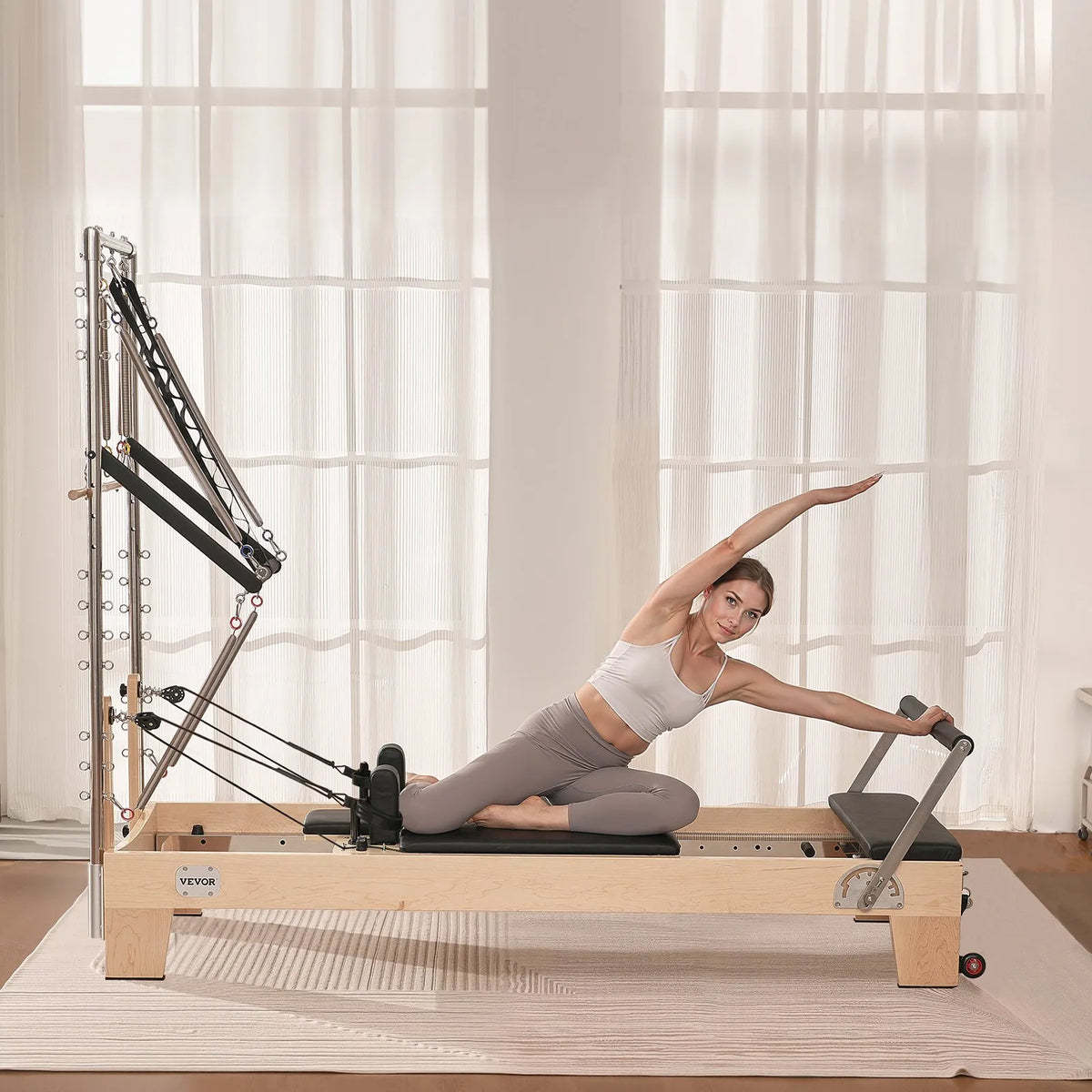 VEVOR koka pilates reformeris ar dubulto pretestību, treniņu aprīkojums ar reformera kasti un lēciena platformu, piemērots iesācējiem un pieredzējušiem lietotājiem mājas sporta zālei un studijai, slodze līdz 181 kg - ZEMLETES.LV