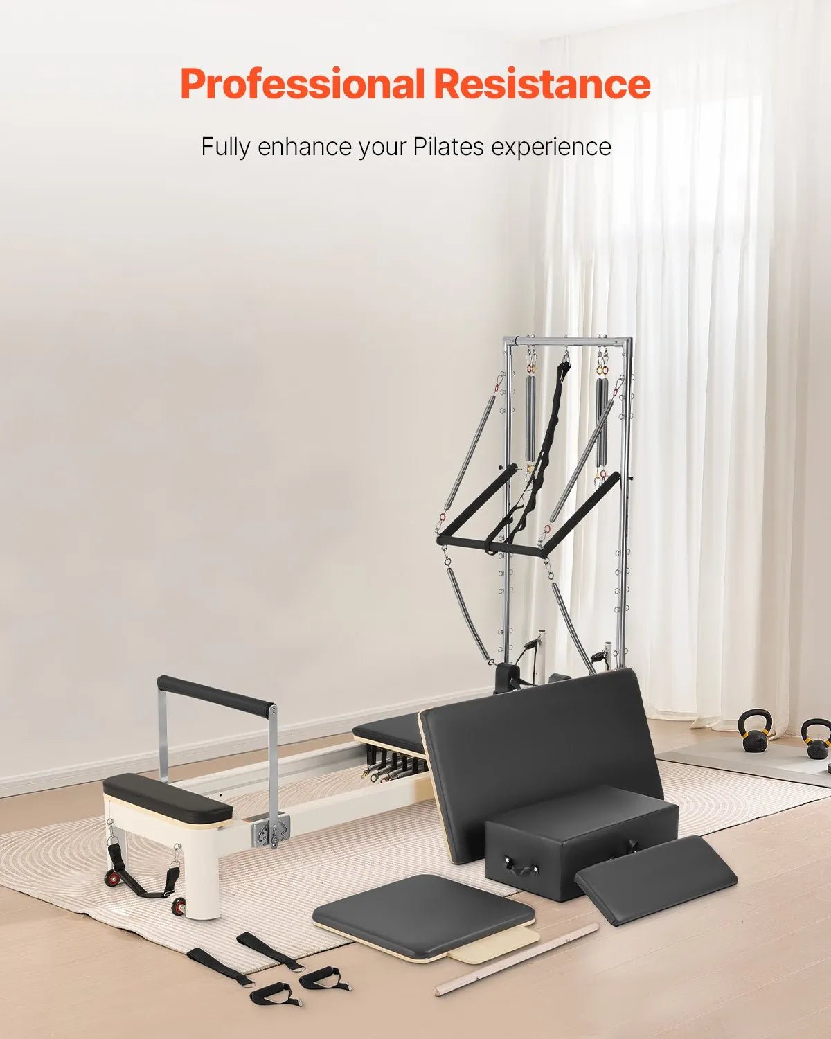 VEVOR pilates reformeris ar dubulto pretestību, treniņu aprīkojums ar reformera kasti un lēciena platformu, piemērots iesācējiem un pieredzējušiem lietotājiem mājas sporta zālei un studijai, slodze līdz 181 kg - ZEMLETES.LV