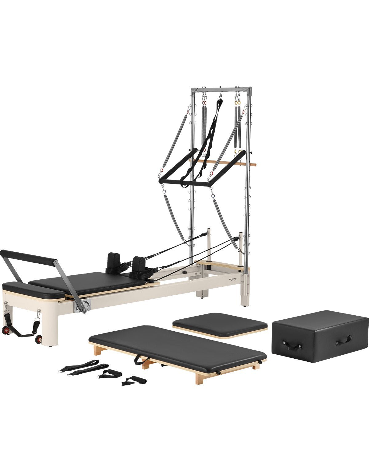 VEVOR pilates reformeris ar dubulto pretestību, treniņu aprīkojums ar reformera kasti un lēciena platformu, piemērots iesācējiem un pieredzējušiem lietotājiem mājas sporta zālei un studijai, slodze līdz 181 kg - ZEMLETES.LV