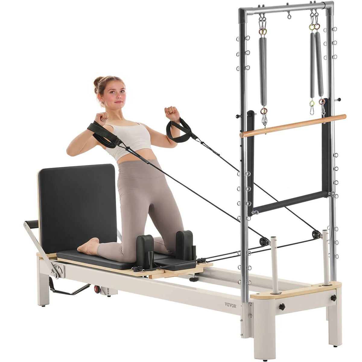 VEVOR pilates reformeris ar dubulto pretestību, treniņu aprīkojums ar reformera kasti un lēciena platformu, piemērots iesācējiem un pieredzējušiem lietotājiem mājas sporta zālei un studijai, slodze līdz 181 kg - ZEMLETES.LV