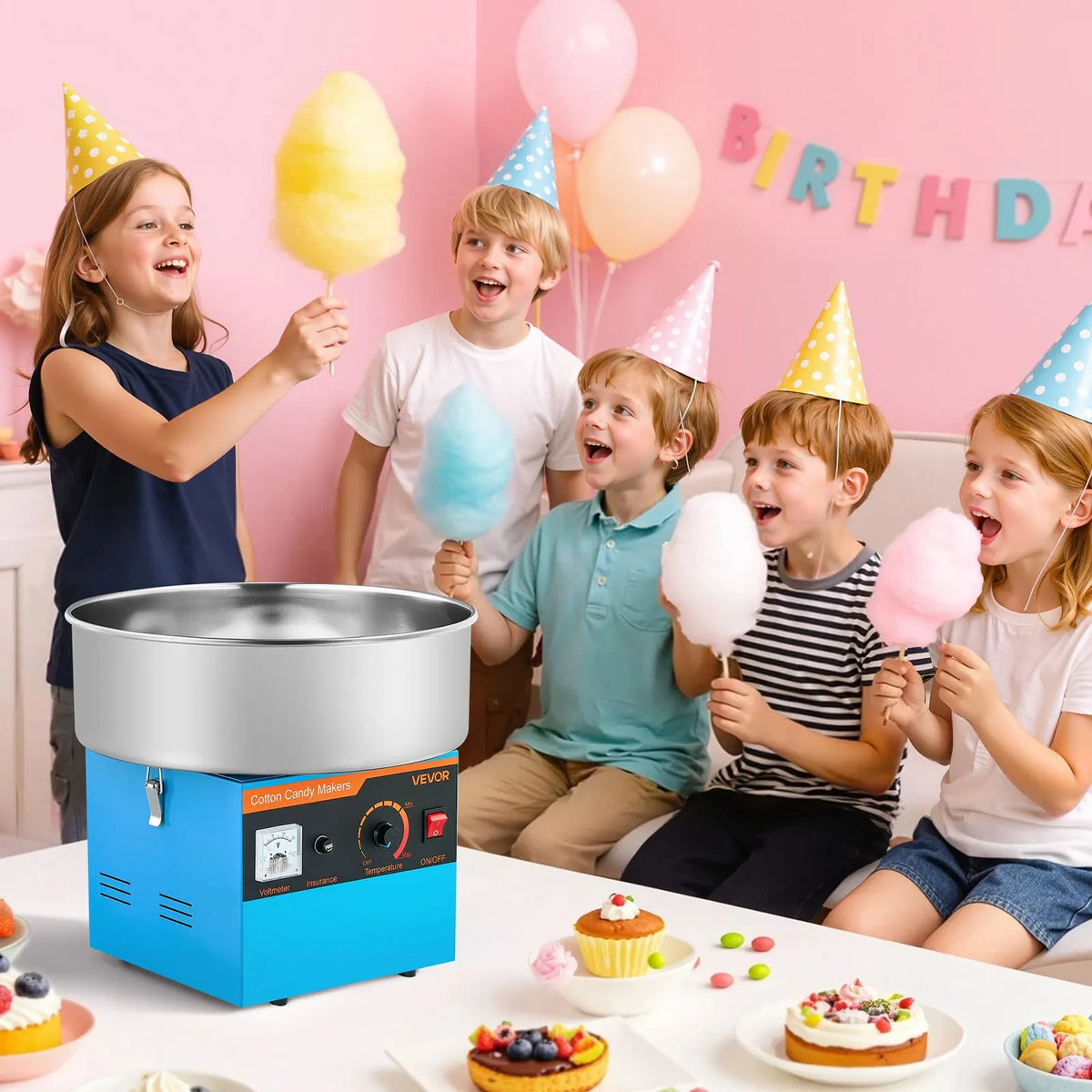 VEVOR komerciālā cukurvates mašīna, 1000 W elektriska cukurvates pagatavošanas ierīce ar 38 cm nerūsējošā tērauda trauku un cukura karoti, piemērota cietajām konfektēm, bērnu dzimšanas dienām un ģimenes pasākumiem, zila - ZEMLETES.LV