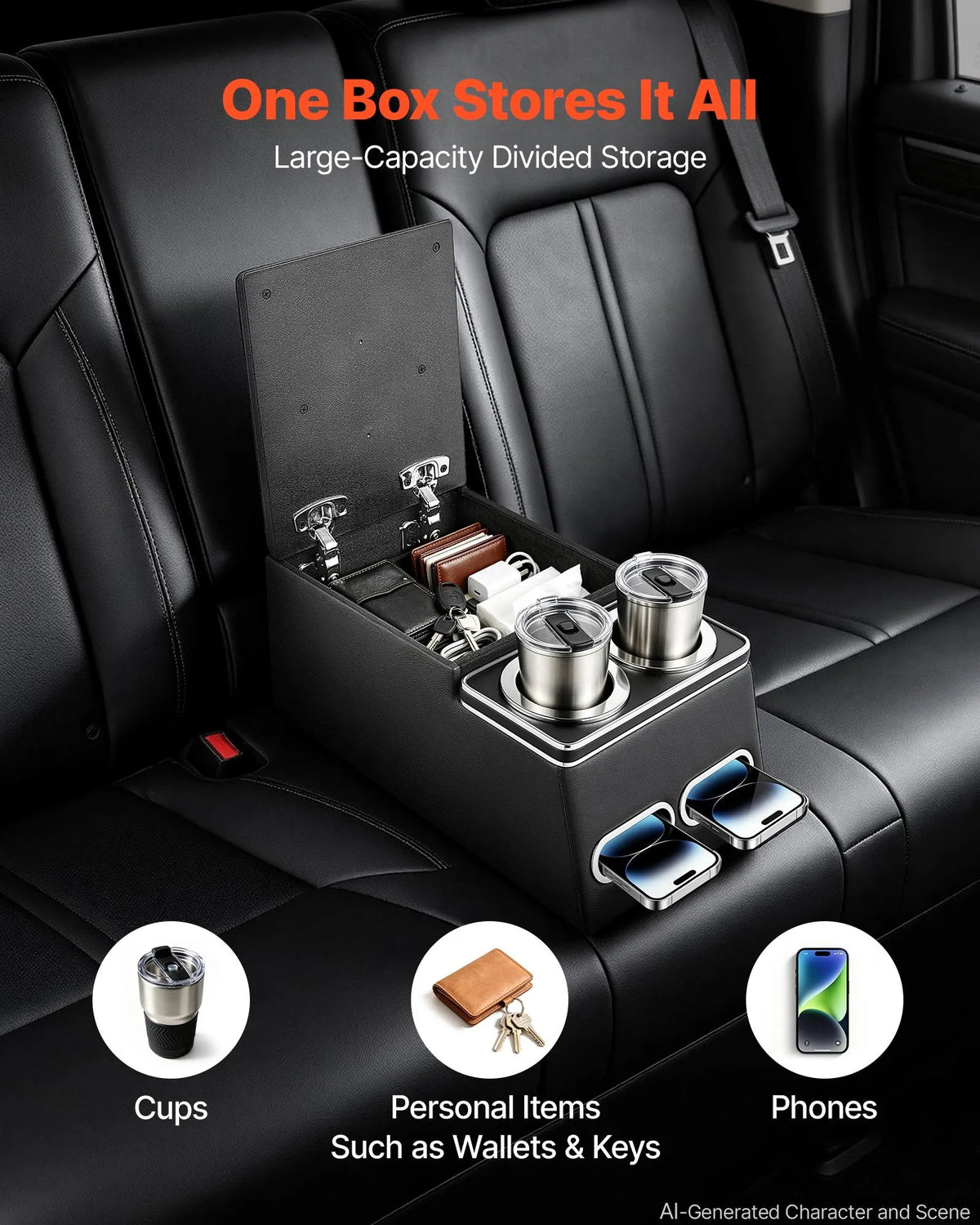VEVOR Universal Rear Seat Central Armrest with Storage Box, Tool Organiser with Cup and Phone Holders, Car Central Console for MPV, Sedans and SUV