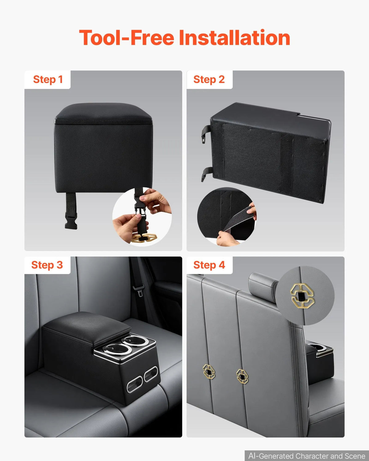 VEVOR Universal Rear Seat Central Armrest with Storage Box, Tool Organiser with Cup and Phone Holders, Car Central Console for MPV, Sedans and SUV