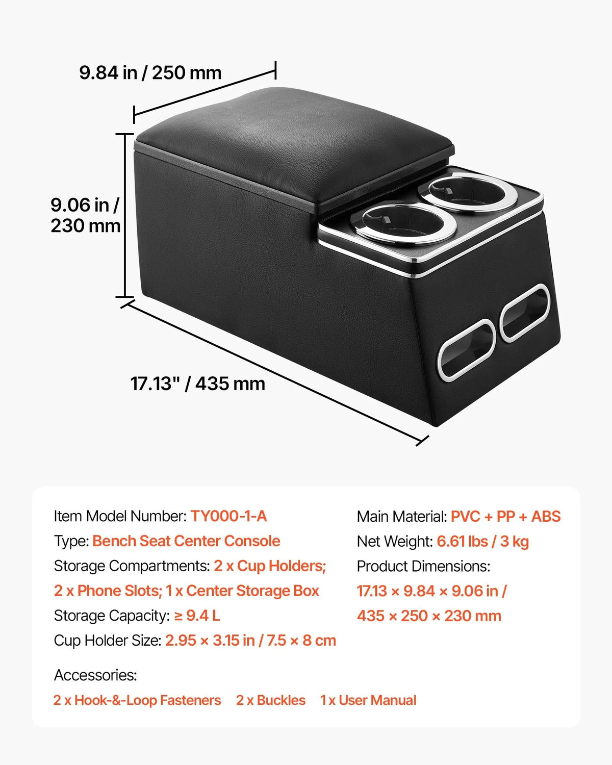 VEVOR Universal Rear Seat Central Armrest with Storage Box, Tool Organiser with Cup and Phone Holders, Car Central Console for MPV, Sedans and SUV