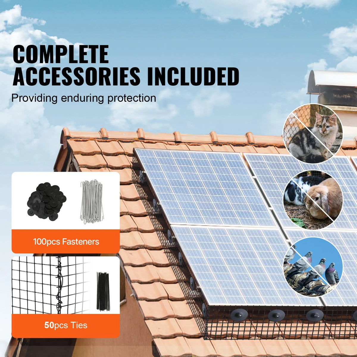 VEVOR saules paneļu aizsargtīkls pret putniem, 15 cm × 30,48 m, PVC pārklāts metāla siets ar 12,7 mm acīm un 100 alumīnija stiprinājumiem, aizsardzībai pret dzīvniekiem - ZEMLETES.LV