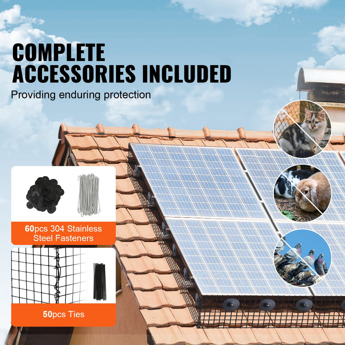 VEVOR saules paneļu aizsargtīkls pret putniem, 15,24 cm × 30,48 m, PVC pārklāts metāla siets ar 12,7 mm acīm un 60 alumīnija stiprinājumiem, aizsardzībai pret dzīvniekiem - ZEMLETES.LV