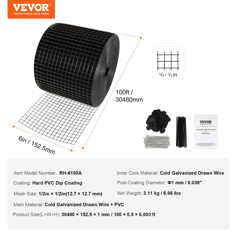 VEVOR saules paneļu aizsargtīkls pret putniem, 15,24 cm × 30,48 m, PVC pārklāts metāla siets ar 12,7 mm acīm un 60 alumīnija stiprinājumiem, aizsardzībai pret dzīvniekiem - ZEMLETES.LV