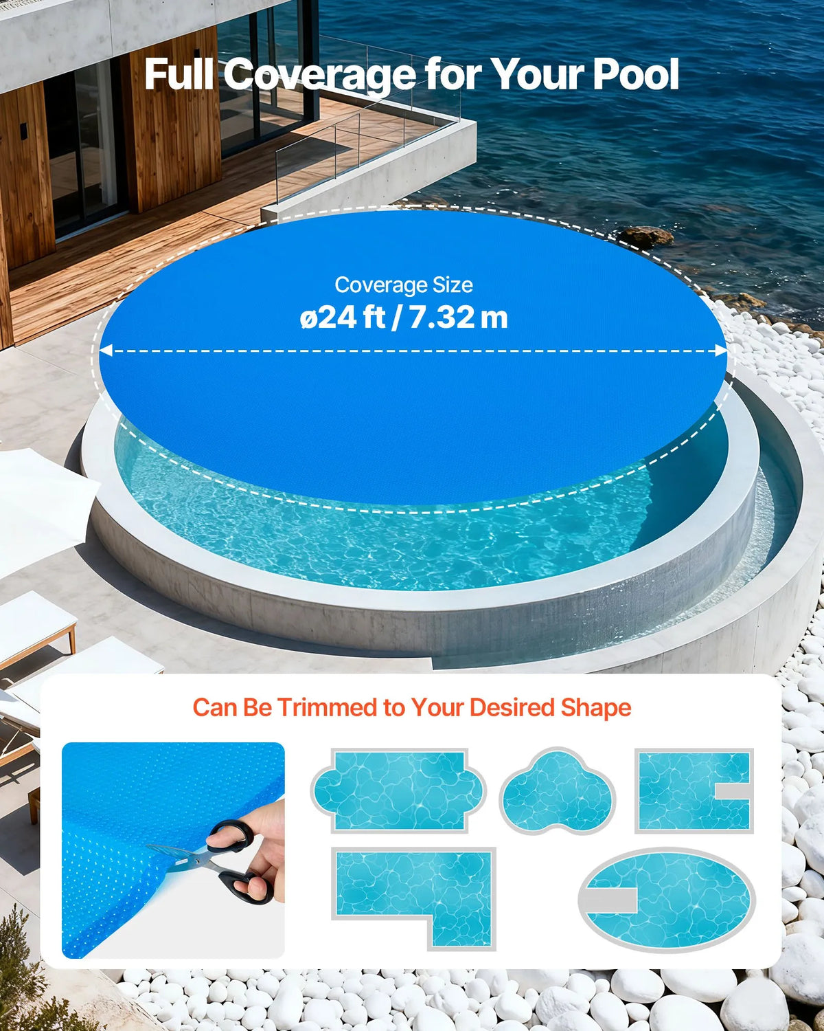 VEVOR Solar Pool Cover for Round Pools, Ø7.32 m Solar Bubble Cover, 0.4 mm PE Material, Heat Collection During Day and Retention at Night, Blue