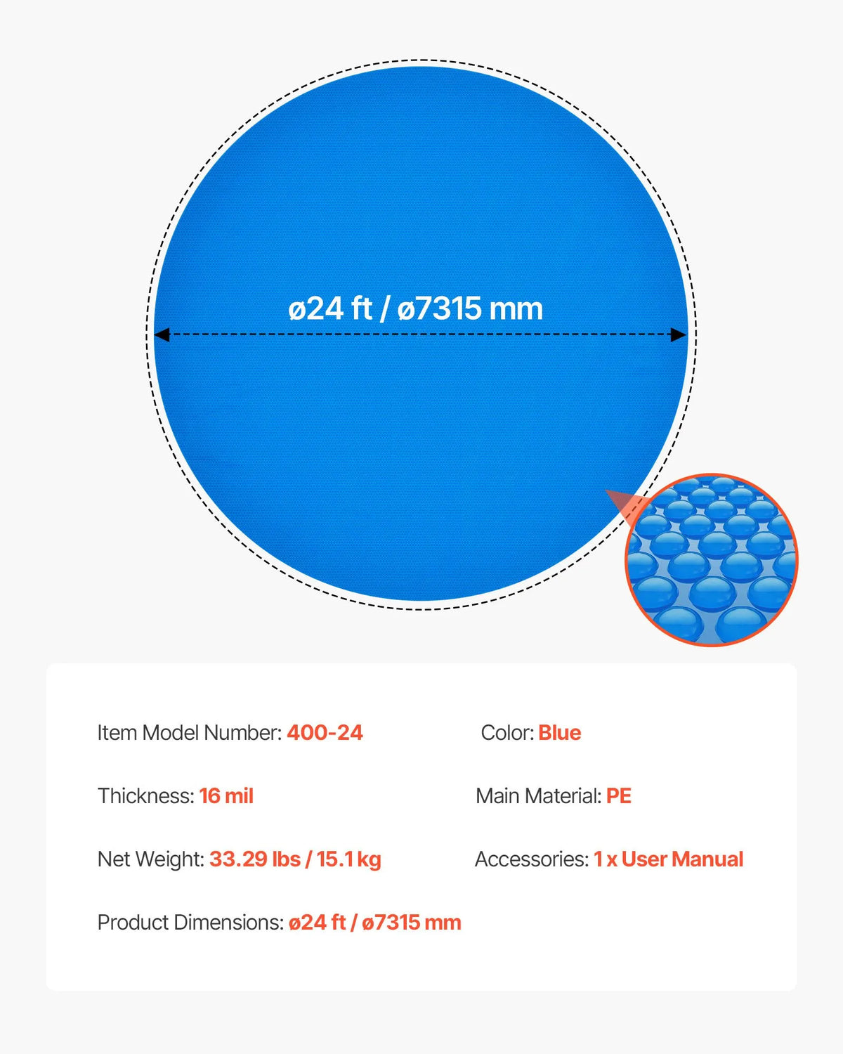 VEVOR Solar Pool Cover for Round Pools, Ø7.32 m Solar Bubble Cover, 0.4 mm PE Material, Heat Collection During Day and Retention at Night, Blue