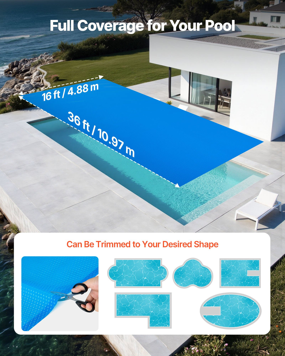 VEVOR Solar Pool Cover, 10.97 × 4.88 m Rectangular Solar Bubble Cover, 0.3 mm PE Material, Heat Collection by Day and Retention at Night, Blue