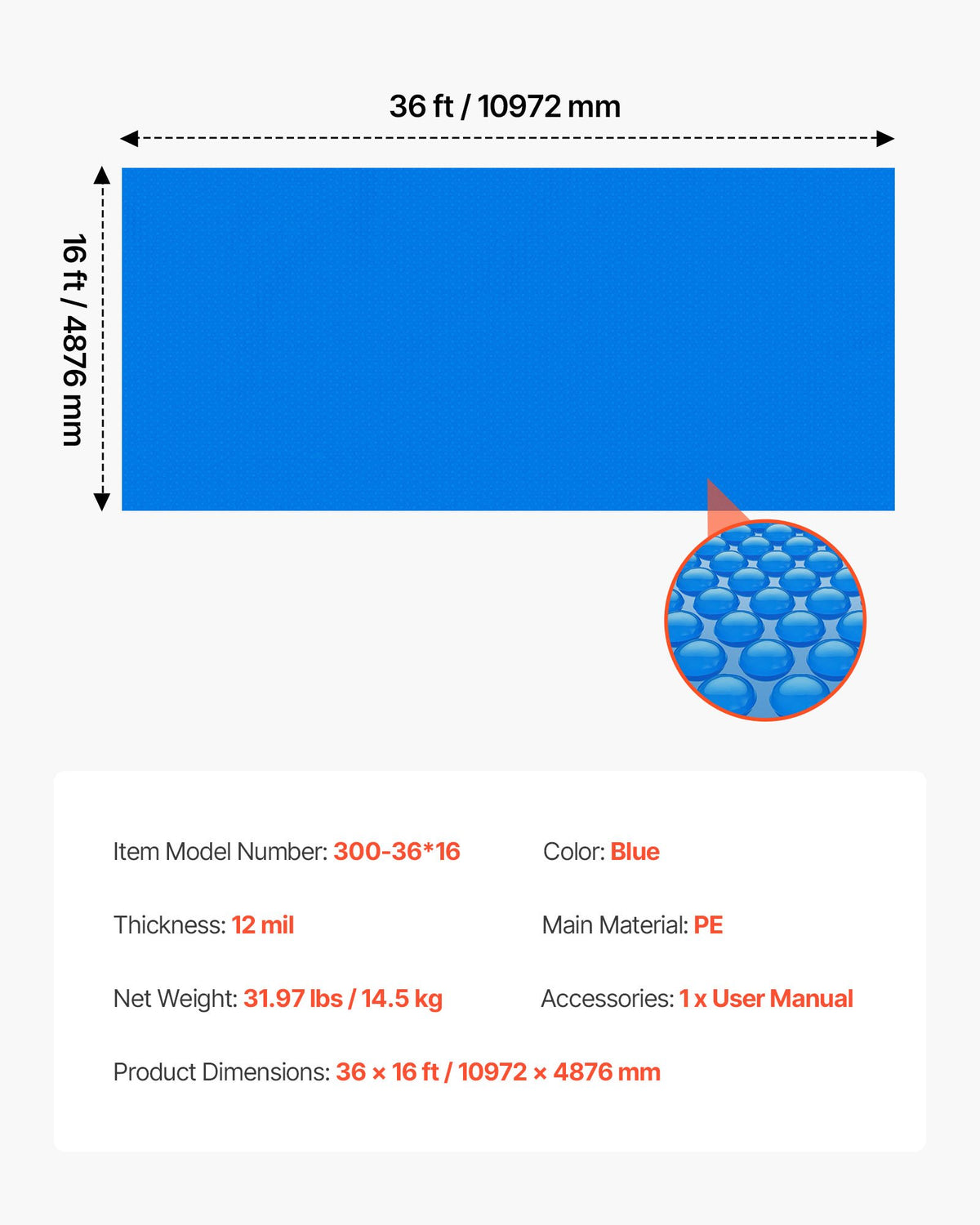 VEVOR Solar Pool Cover, 10.97 × 4.88 m Rectangular Solar Bubble Cover, 0.3 mm PE Material, Heat Collection by Day and Retention at Night, Blue
