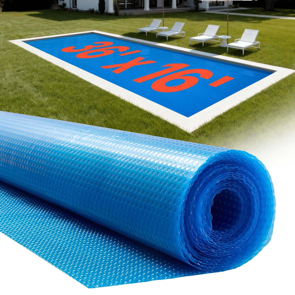 VEVOR Solar Pool Cover, 10.97 × 4.88 m Rectangular Solar Bubble Cover, 0.3 mm PE Material, Heat Collection by Day and Retention at Night, Blue