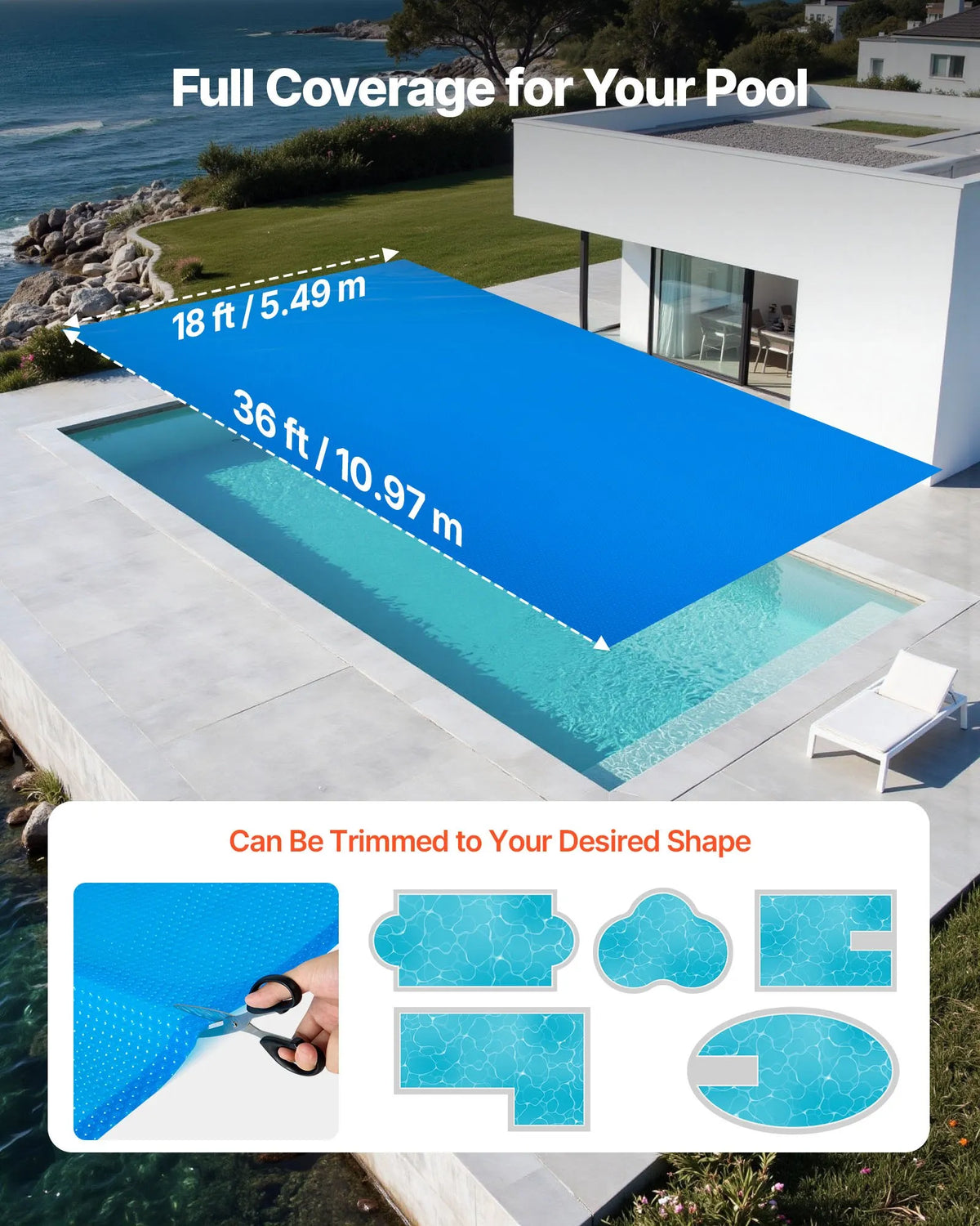 VEVOR Solar Pool Cover, 10.97 × 5.49 m Rectangular Solar Bubble Cover, 0.2 mm PE Material, Heat Collection by Day and Retention at Night, Blue