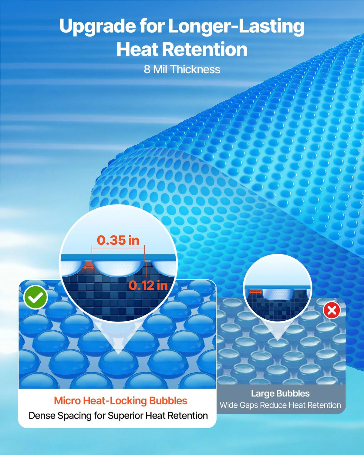 VEVOR Solar Pool Cover, 10.97 × 5.49 m Rectangular Solar Bubble Cover, 0.2 mm PE Material, Heat Collection by Day and Retention at Night, Blue