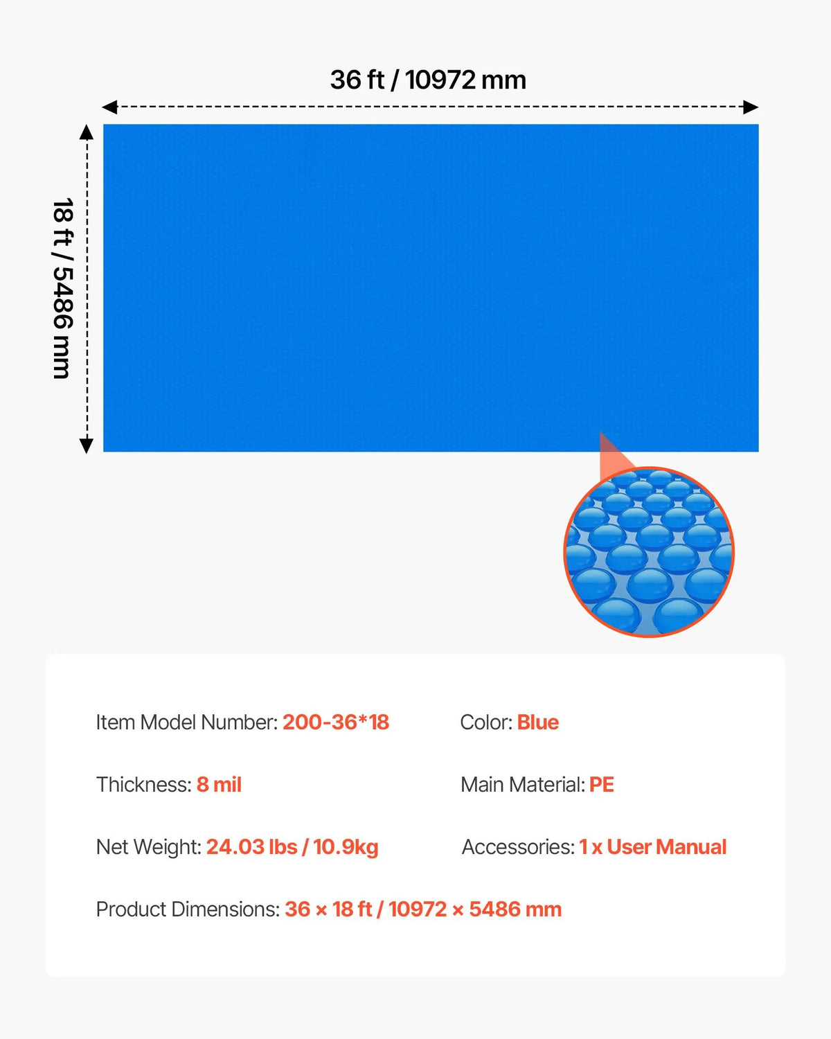 VEVOR Solar Pool Cover, 10.97 × 5.49 m Rectangular Solar Bubble Cover, 0.2 mm PE Material, Heat Collection by Day and Retention at Night, Blue