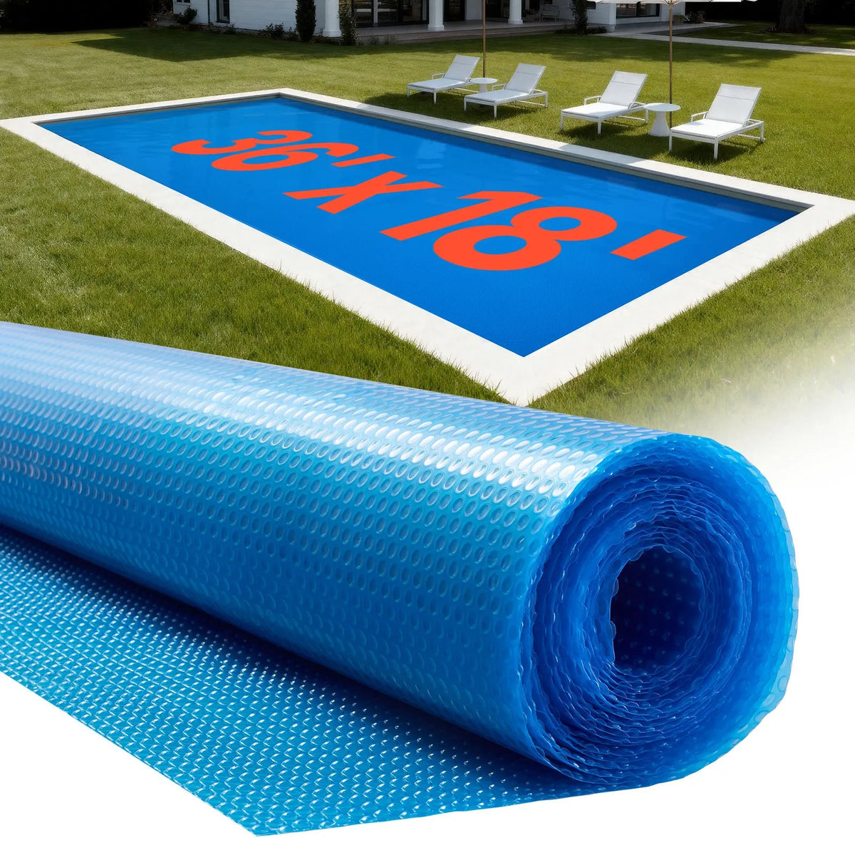 VEVOR Solar Pool Cover, 10.97 × 5.49 m Rectangular Solar Bubble Cover, 0.2 mm PE Material, Heat Collection by Day and Retention at Night, Blue