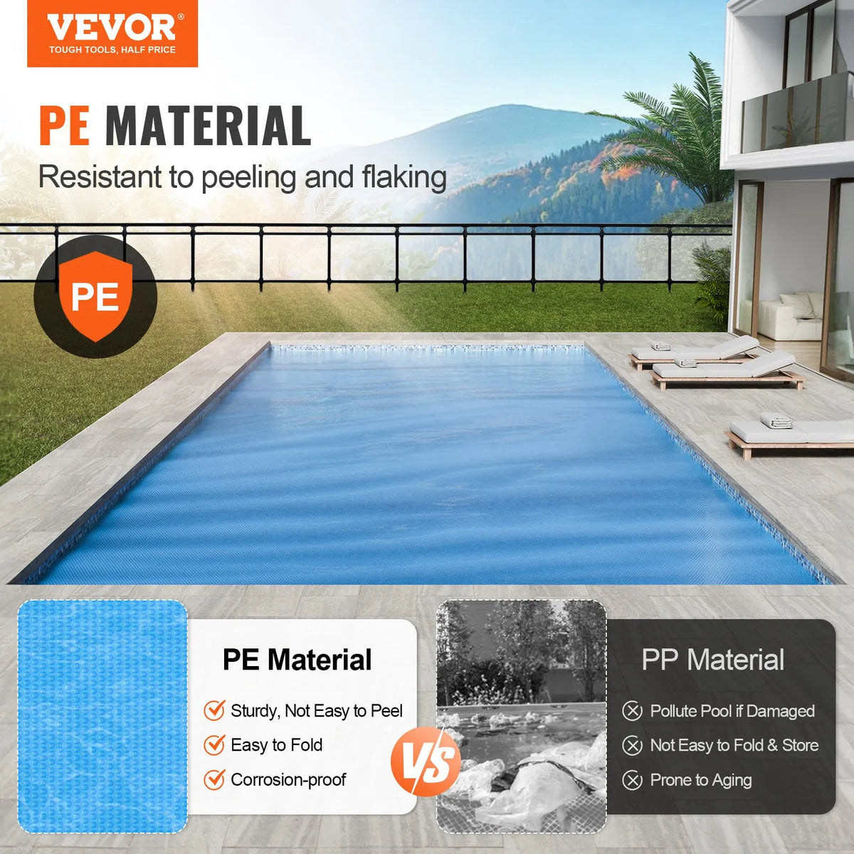 VEVOR Solar Pool Cover, 12 mil Thick Rectangular Solar Cover for Pools, Size 12.2 × 6.1 m, Suitable for In-Ground and Above-Ground Swimming Pools, Blue