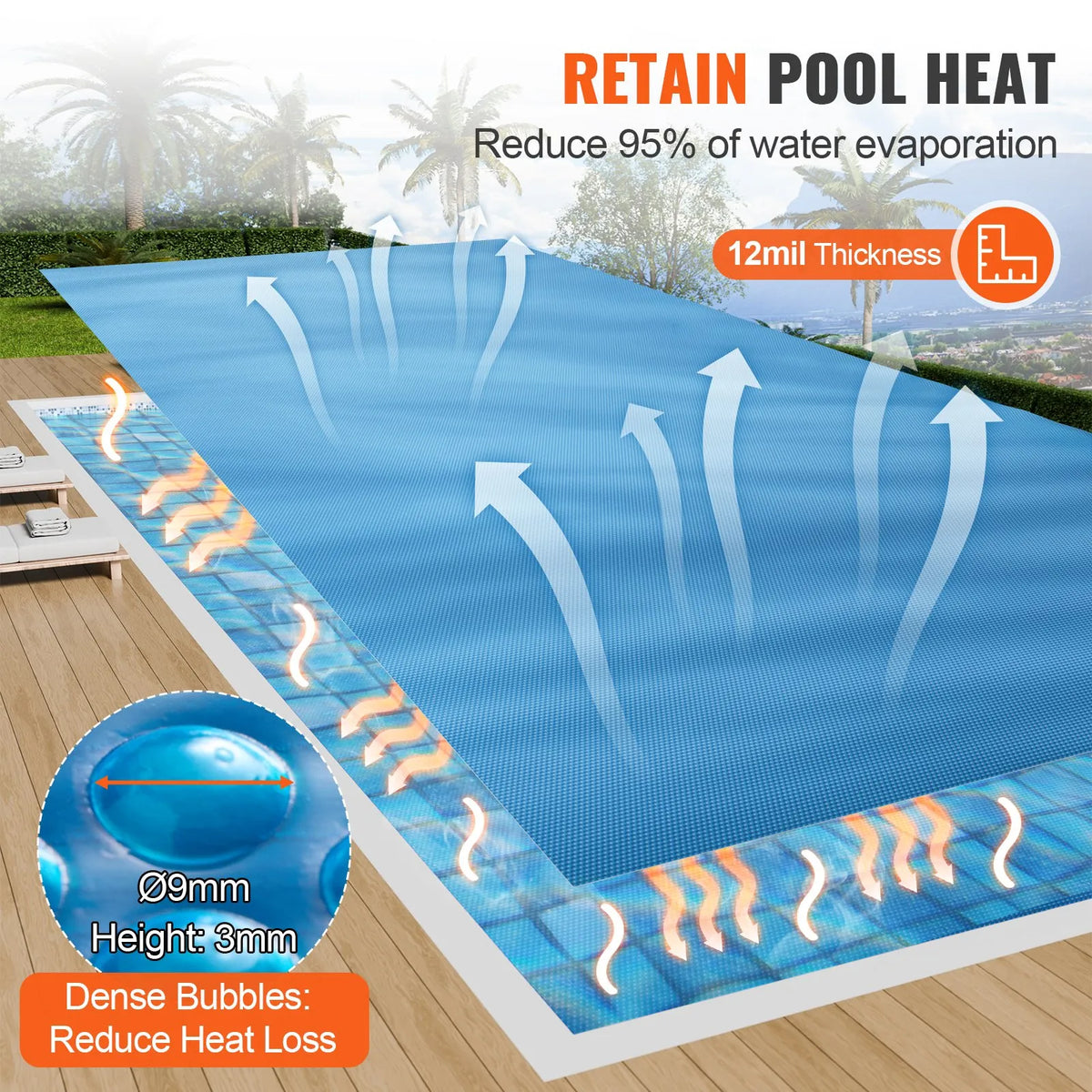 VEVOR Solar Pool Cover, 12 mil Thick Rectangular Solar Cover for Pools, Size 12.2 × 6.1 m, Suitable for In-Ground and Above-Ground Swimming Pools, Blue
