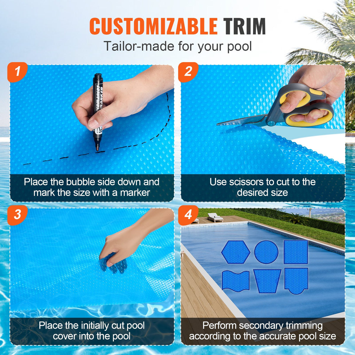VEVOR Solar Pool Cover, 12 mil Thick Rectangular Solar Cover for Pools, Size 12.2 × 6.1 m, Suitable for In-Ground and Above-Ground Swimming Pools, Blue