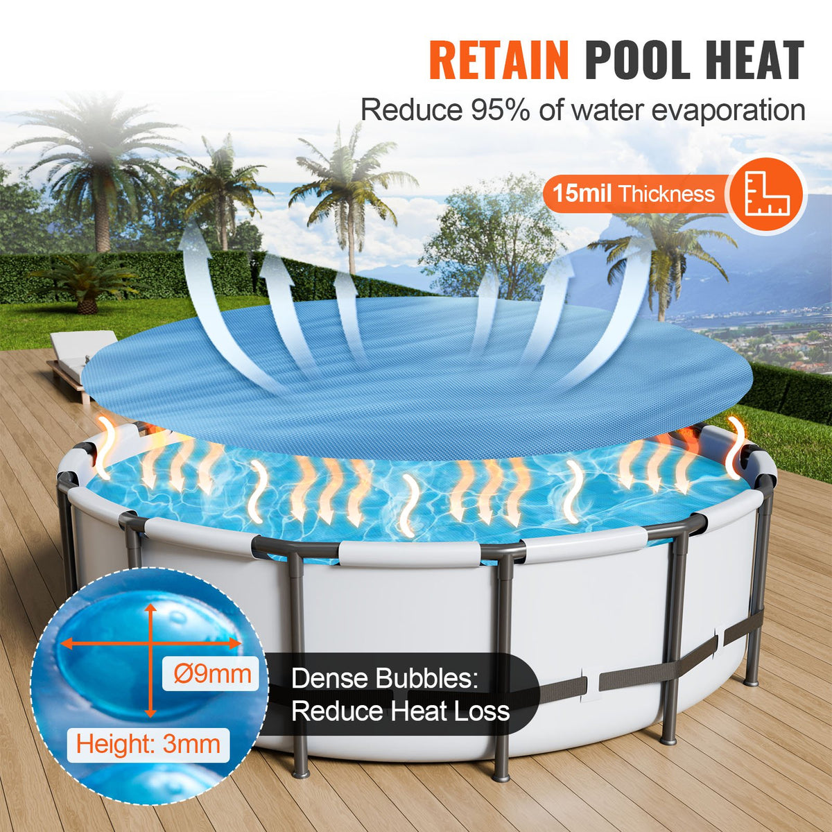 VEVOR Solar Pool Cover for Round Pools, Ø3.05 m Solar Cover for In-Ground and Above-Ground Swimming Pools, 0.38 mm, Blue