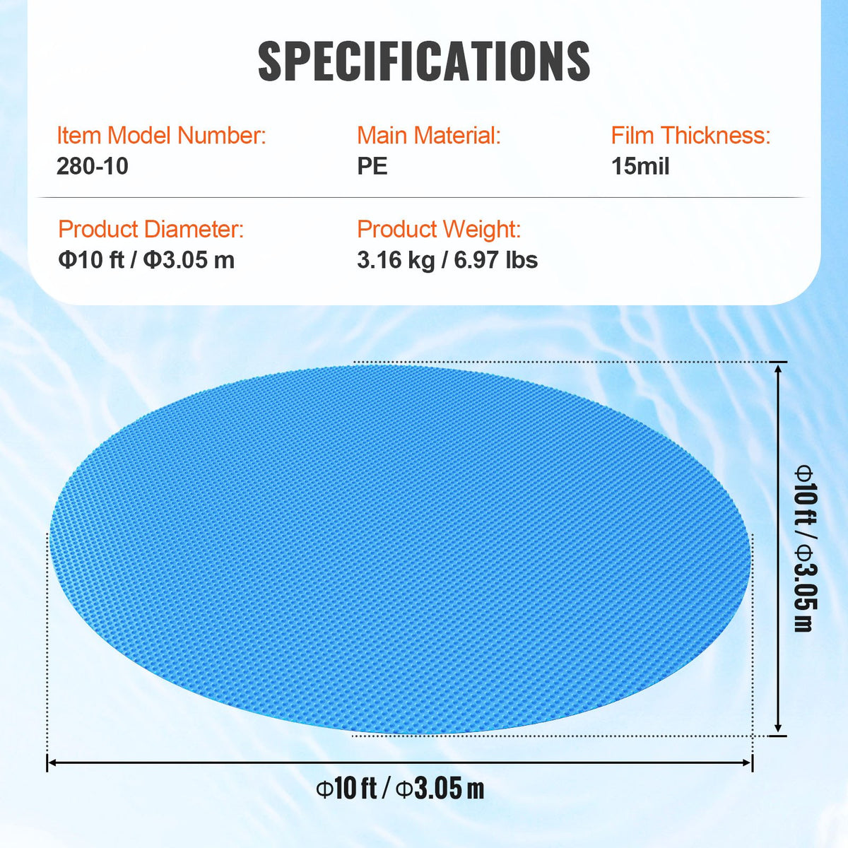 VEVOR Solar Pool Cover for Round Pools, Ø3.05 m Solar Cover for In-Ground and Above-Ground Swimming Pools, 0.38 mm, Blue