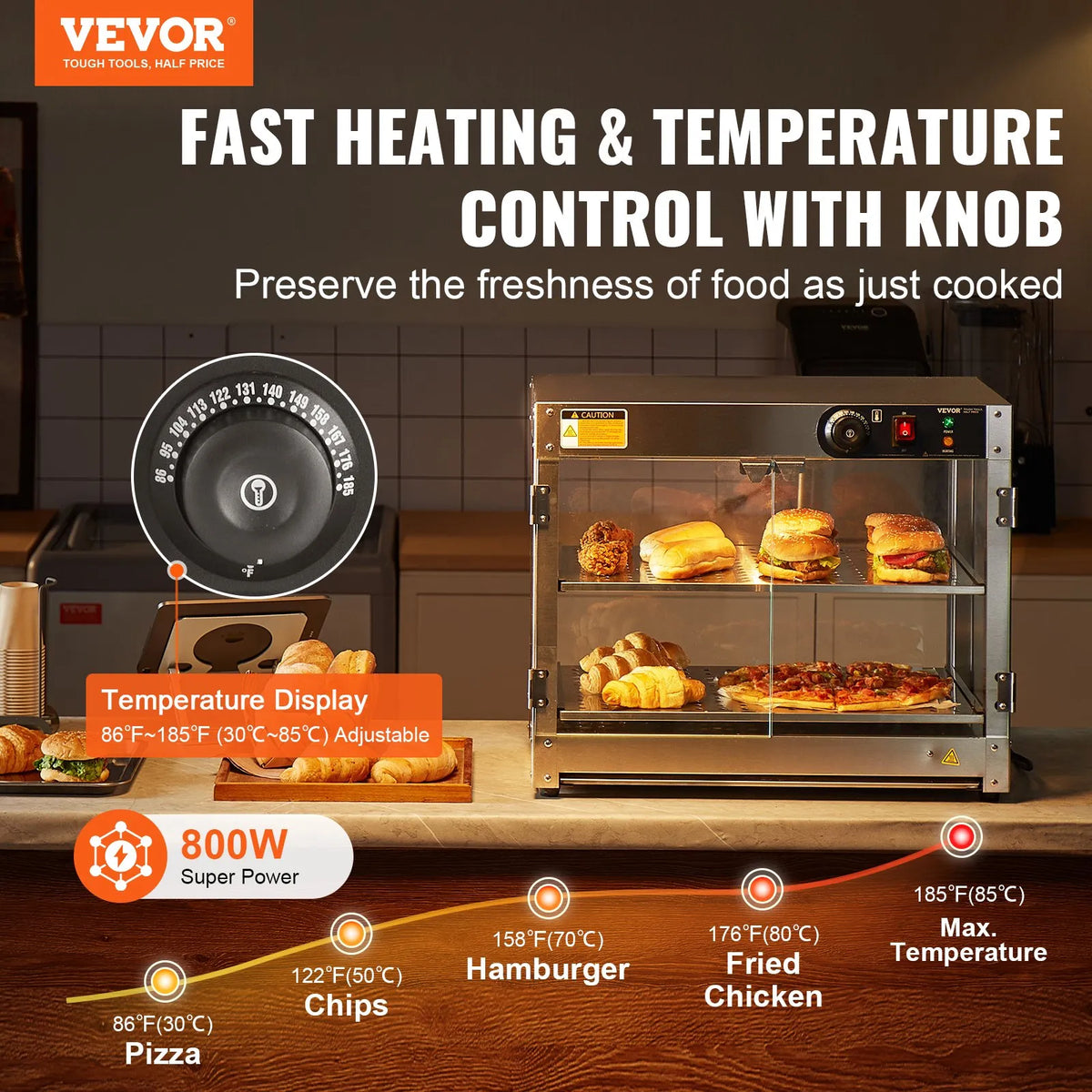 VEVOR 2 līmeņu komerciālā pārtikas sildīšanas vitrīna, 800 W pārtikas vitrīnas sildītājs ar apgaismojumu ēdiena izcelšanai, temperatūras kontrole 30–85 °C, 58 l ietilpība hamburgeriem, picai, maizei un ceptai vistas gaļai - ZEMLETES.LV