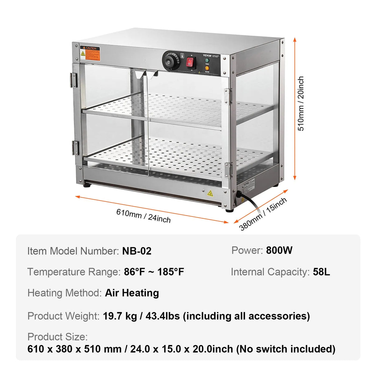 VEVOR 2 līmeņu komerciālā pārtikas sildīšanas vitrīna, 800 W pārtikas vitrīnas sildītājs ar apgaismojumu ēdiena izcelšanai, temperatūras kontrole 30–85 °C, 58 l ietilpība hamburgeriem, picai, maizei un ceptai vistas gaļai - ZEMLETES.LV