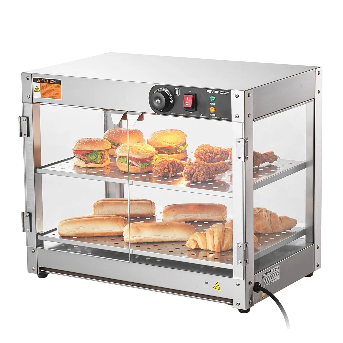 VEVOR 2 līmeņu komerciālā pārtikas sildīšanas vitrīna, 800 W pārtikas vitrīnas sildītājs ar apgaismojumu ēdiena izcelšanai, temperatūras kontrole 30–85 °C, 58 l ietilpība hamburgeriem, picai, maizei un ceptai vistas gaļai - ZEMLETES.LV