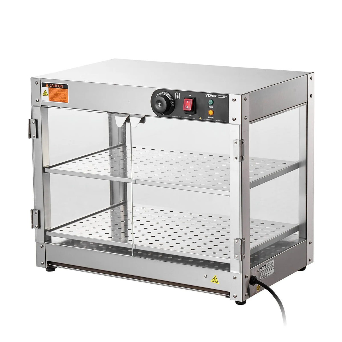 VEVOR 2 līmeņu komerciālā pārtikas sildīšanas vitrīna, 800 W pārtikas vitrīnas sildītājs ar apgaismojumu ēdiena izcelšanai, temperatūras kontrole 30–85 °C, 58 l ietilpība hamburgeriem, picai, maizei un ceptai vistas gaļai - ZEMLETES.LV