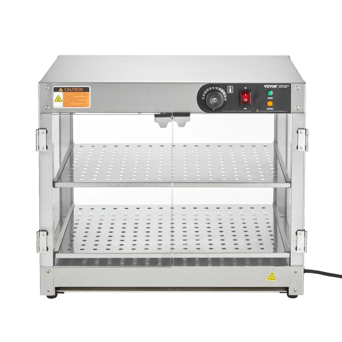 VEVOR 2 līmeņu komerciālā pārtikas sildīšanas vitrīna, 800 W pārtikas vitrīnas sildītājs ar apgaismojumu ēdiena izcelšanai, temperatūras kontrole 30–85 °C, 58 l ietilpība hamburgeriem, picai, maizei un ceptai vistas gaļai - ZEMLETES.LV