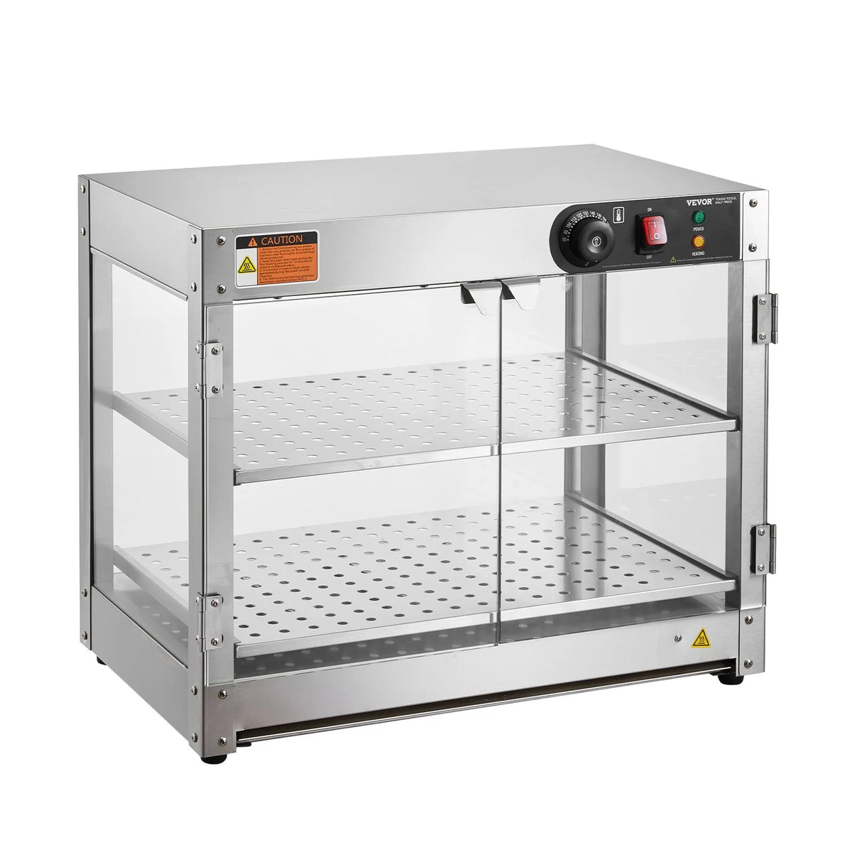 VEVOR 2 līmeņu komerciālā pārtikas sildīšanas vitrīna, 800 W pārtikas vitrīnas sildītājs ar apgaismojumu ēdiena izcelšanai, temperatūras kontrole 30–85 °C, 58 l ietilpība hamburgeriem, picai, maizei un ceptai vistas gaļai - ZEMLETES.LV