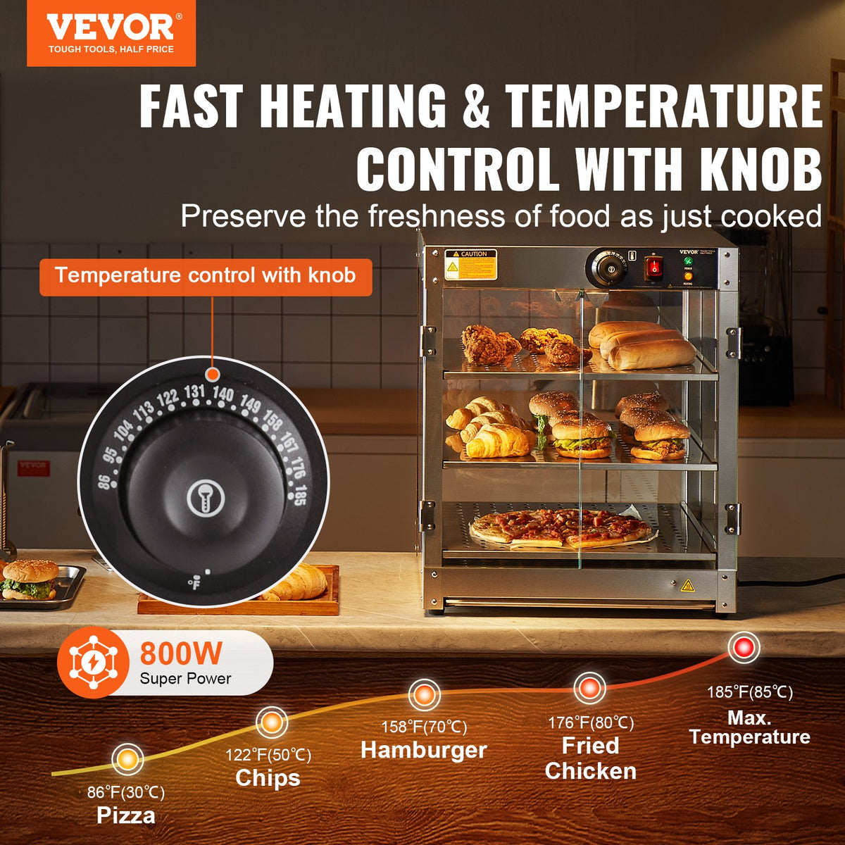 VEVOR 3 līmeņu komerciālā pārtikas sildīšanas vitrīna, 800 W pārtikas vitrīnas sildītājs ar apgaismojumu ēdiena izcelšanai, temperatūras kontrole 30–85 °C, 90 l ietilpība hamburgeriem, picai, maizei un ceptai vistas gaļai - ZEMLETES.LV