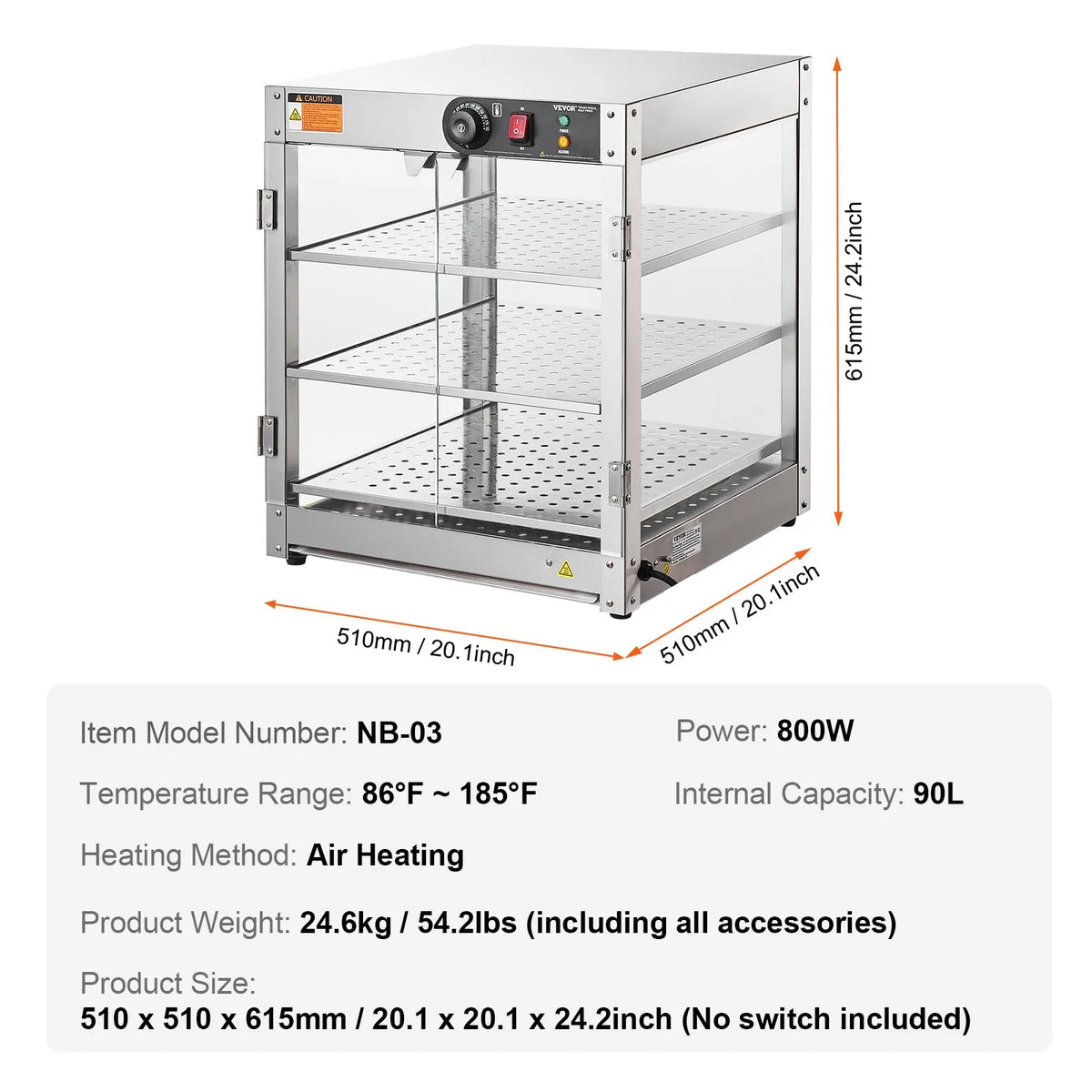 VEVOR 3 līmeņu komerciālā pārtikas sildīšanas vitrīna, 800 W pārtikas vitrīnas sildītājs ar apgaismojumu ēdiena izcelšanai, temperatūras kontrole 30–85 °C, 90 l ietilpība hamburgeriem, picai, maizei un ceptai vistas gaļai - ZEMLETES.LV