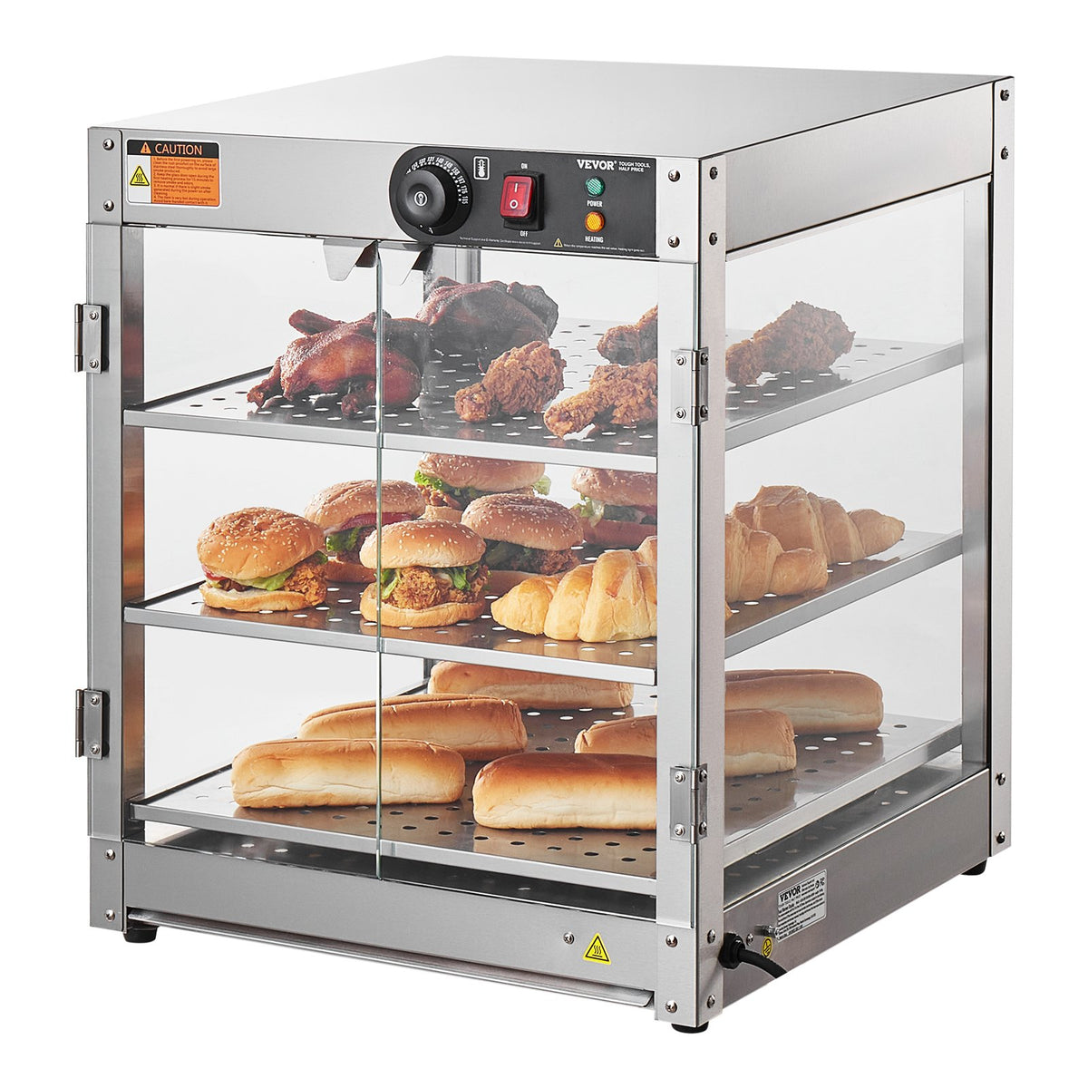 VEVOR 3 līmeņu komerciālā pārtikas sildīšanas vitrīna, 800 W pārtikas vitrīnas sildītājs ar apgaismojumu ēdiena izcelšanai, temperatūras kontrole 30–85 °C, 90 l ietilpība hamburgeriem, picai, maizei un ceptai vistas gaļai - ZEMLETES.LV