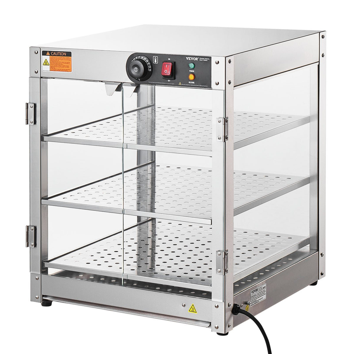 VEVOR 3 līmeņu komerciālā pārtikas sildīšanas vitrīna, 800 W pārtikas vitrīnas sildītājs ar apgaismojumu ēdiena izcelšanai, temperatūras kontrole 30–85 °C, 90 l ietilpība hamburgeriem, picai, maizei un ceptai vistas gaļai - ZEMLETES.LV