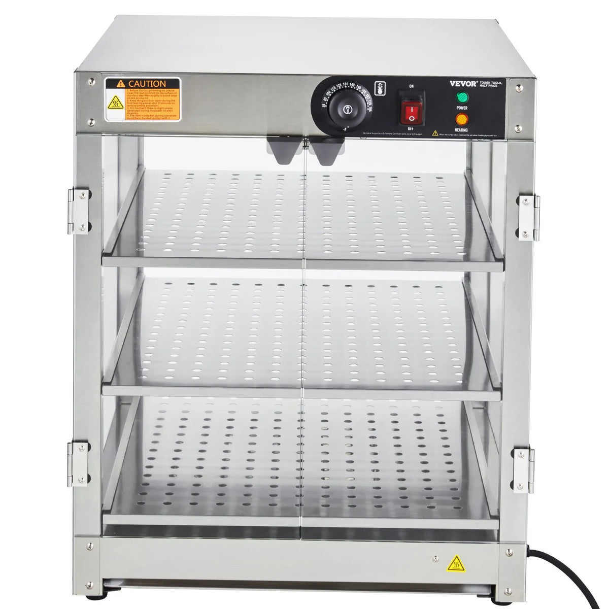 VEVOR 3 līmeņu komerciālā pārtikas sildīšanas vitrīna, 800 W pārtikas vitrīnas sildītājs ar apgaismojumu ēdiena izcelšanai, temperatūras kontrole 30–85 °C, 90 l ietilpība hamburgeriem, picai, maizei un ceptai vistas gaļai - ZEMLETES.LV