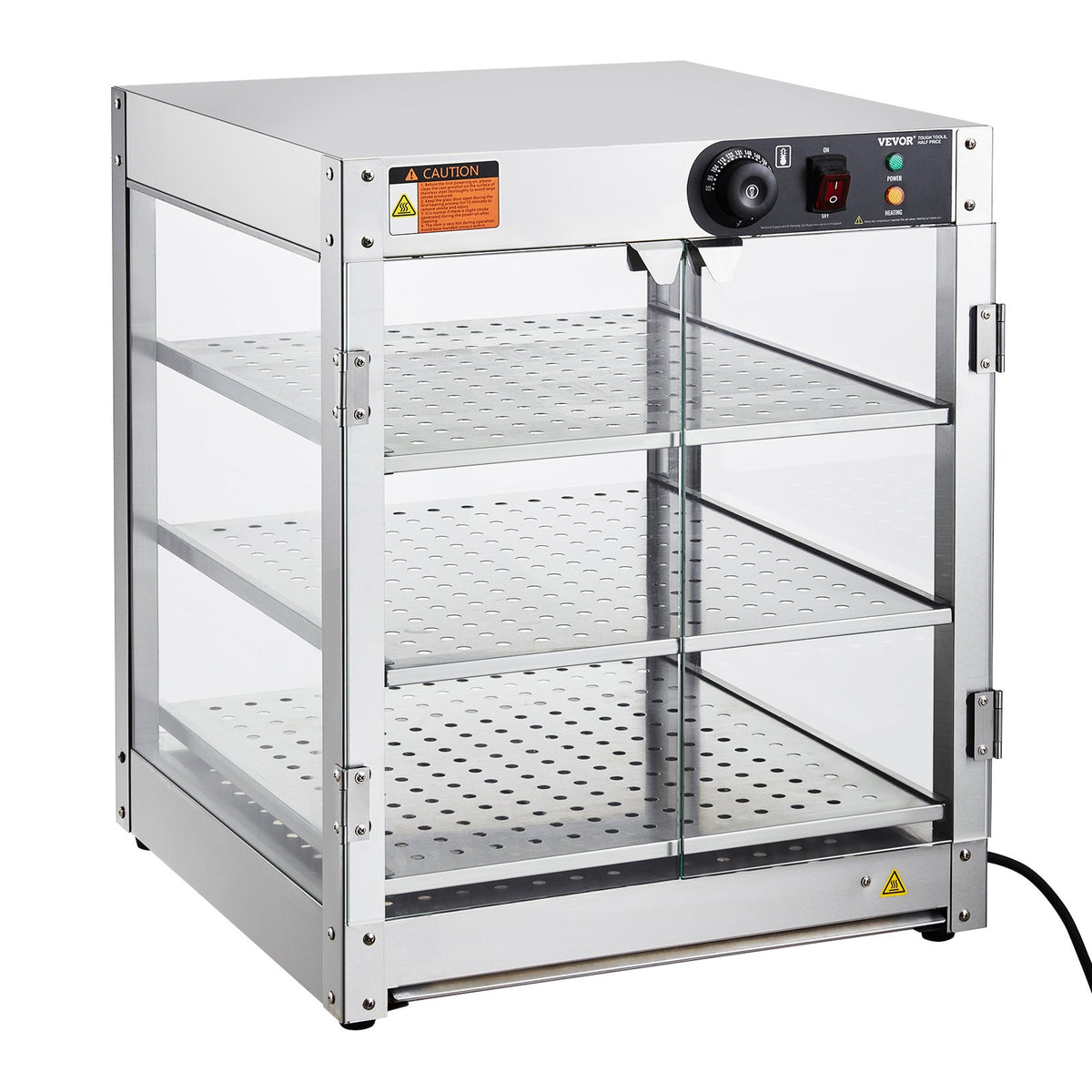 VEVOR 3 līmeņu komerciālā pārtikas sildīšanas vitrīna, 800 W pārtikas vitrīnas sildītājs ar apgaismojumu ēdiena izcelšanai, temperatūras kontrole 30–85 °C, 90 l ietilpība hamburgeriem, picai, maizei un ceptai vistas gaļai - ZEMLETES.LV