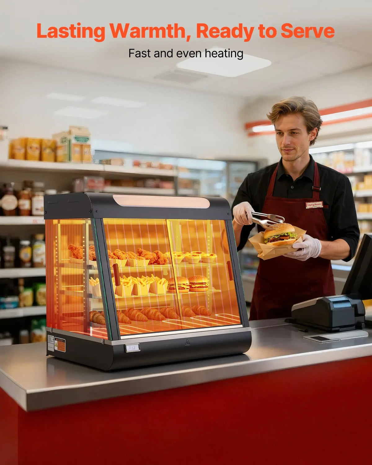 VEVOR 3 līmeņu komerciālā pārtikas sildīšanas vitrīna, 1200 W pārtikas vitrīnas sildītājs ar LED apgaismojumu, augšējo uzglabāšanas nodalījumu un regulējamiem plauktiem, tvaika sildīšana 30–85 °C, 100 l hamburgeriem, picai, maizei un ceptai vistas gaļai - ZEMLETES.LV