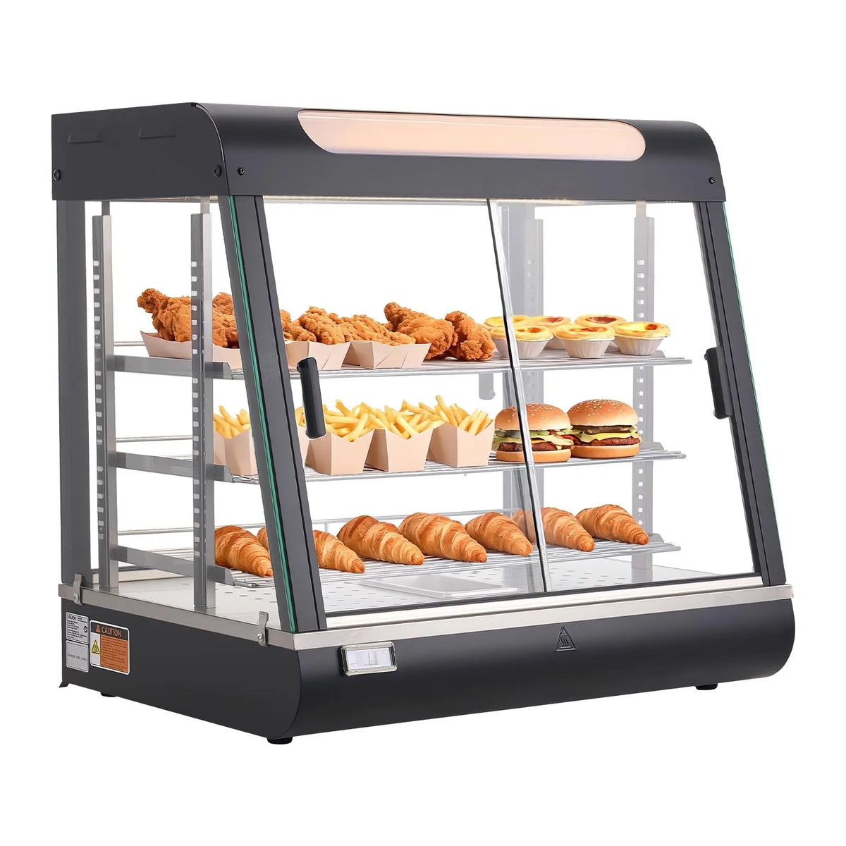 VEVOR 3 līmeņu komerciālā pārtikas sildīšanas vitrīna, 1200 W pārtikas vitrīnas sildītājs ar LED apgaismojumu, augšējo uzglabāšanas nodalījumu un regulējamiem plauktiem, tvaika sildīšana 30–85 °C, 100 l hamburgeriem, picai, maizei un ceptai vistas gaļai - ZEMLETES.LV
