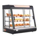 VEVOR 3 līmeņu komerciālā pārtikas sildīšanas vitrīna, 1200 W pārtikas vitrīnas sildītājs ar LED apgaismojumu, augšējo uzglabāšanas nodalījumu un regulējamiem plauktiem, tvaika sildīšana 30–85 °C, 100 l hamburgeriem, picai, maizei un ceptai vistas gaļai - ZEMLETES.LV