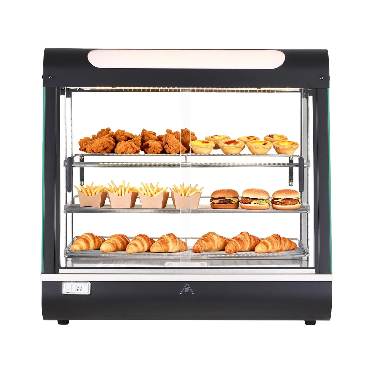 VEVOR 3 līmeņu komerciālā pārtikas sildīšanas vitrīna, 1200 W pārtikas vitrīnas sildītājs ar LED apgaismojumu, augšējo uzglabāšanas nodalījumu un regulējamiem plauktiem, tvaika sildīšana 30–85 °C, 100 l hamburgeriem, picai, maizei un ceptai vistas gaļai - ZEMLETES.LV