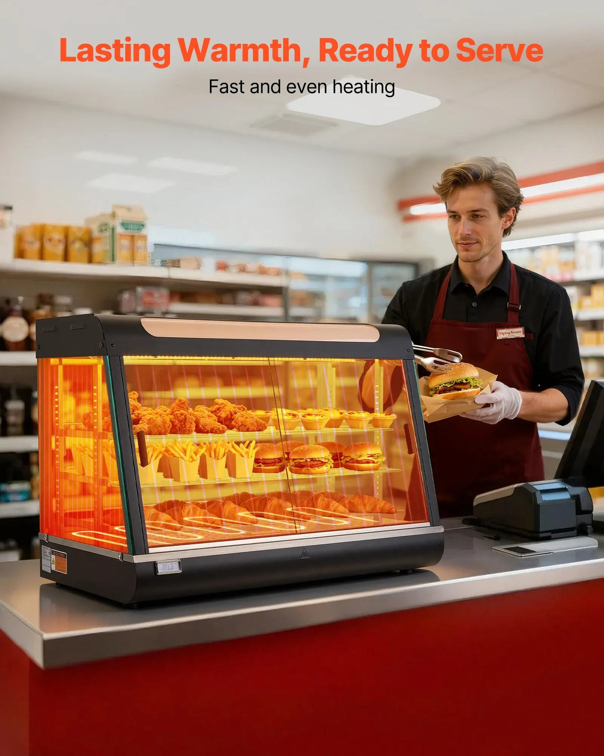 VEVOR 3 līmeņu komerciālais pārtikas sildīšanas vitrīna, 1400 W pārtikas vitrīna ar LED apgaismojumu, augšējo uzglabāšanas nodalījumu un regulējamiem plauktiem, tvaika sildīšana 30–85 ℃, 130 l hamburgeriem, picām, maizei un ceptai vistai - ZEMLETES.LV