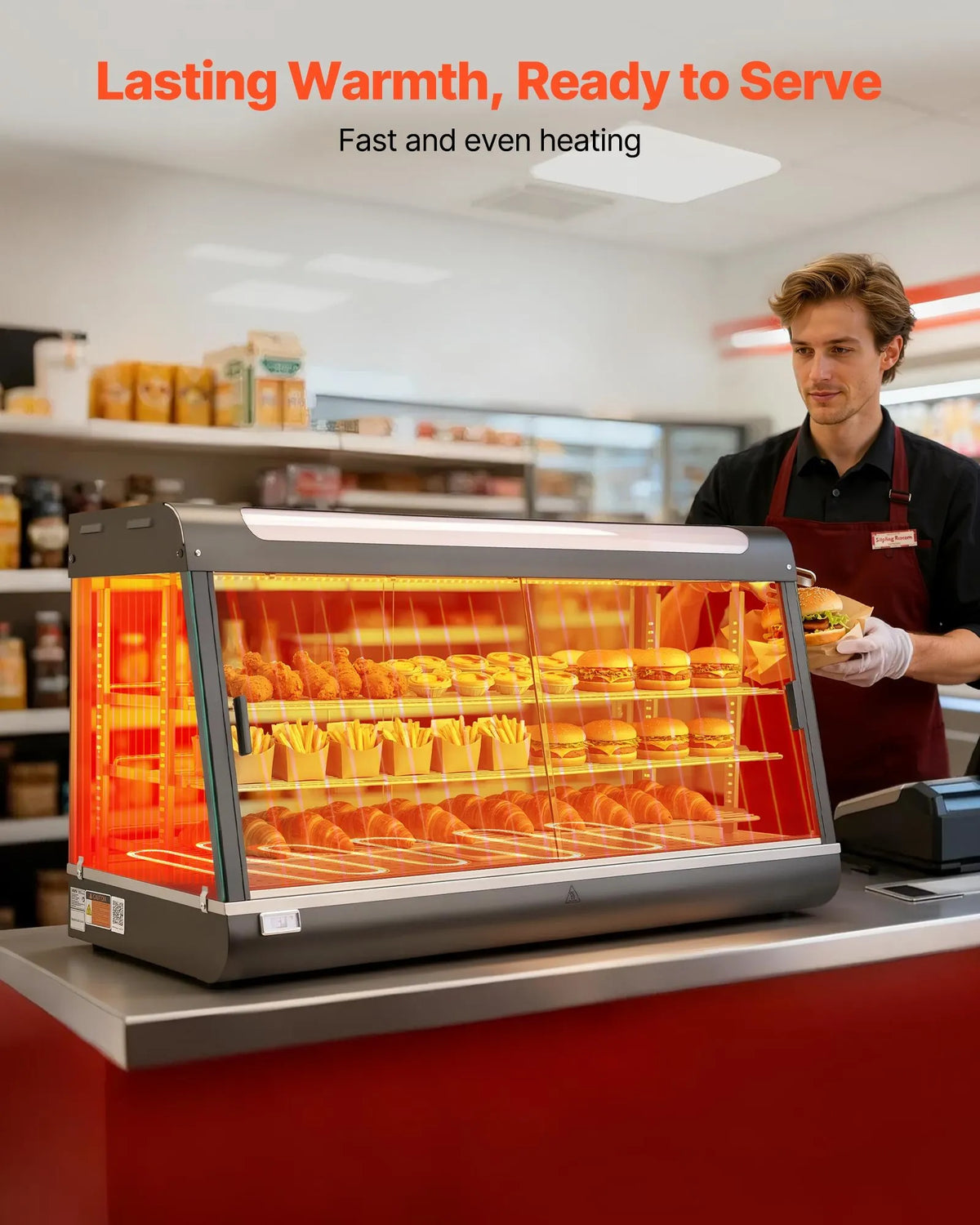 VEVOR 3 līmeņu komerciālā pārtikas sildīšanas vitrīna, 1600 W pārtikas vitrīna ar LED apgaismojumu, augšējo uzglabāšanas nodalījumu un regulējamiem plauktiem, tvaika sildīšana 30–85 ℃, 180 l hamburgeriem, picām, maizei un ceptai vistai - ZEMLETES.LV