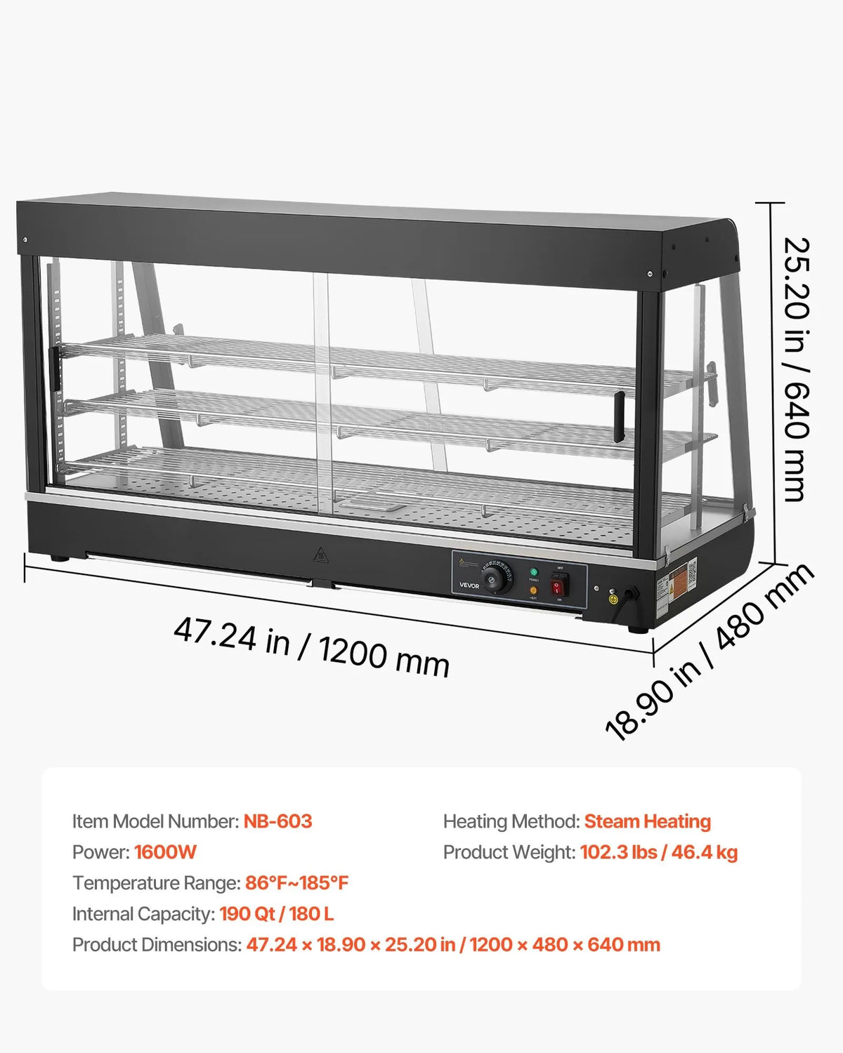 VEVOR 3 līmeņu komerciālā pārtikas sildīšanas vitrīna, 1600 W pārtikas vitrīna ar LED apgaismojumu, augšējo uzglabāšanas nodalījumu un regulējamiem plauktiem, tvaika sildīšana 30–85 ℃, 180 l hamburgeriem, picām, maizei un ceptai vistai - ZEMLETES.LV
