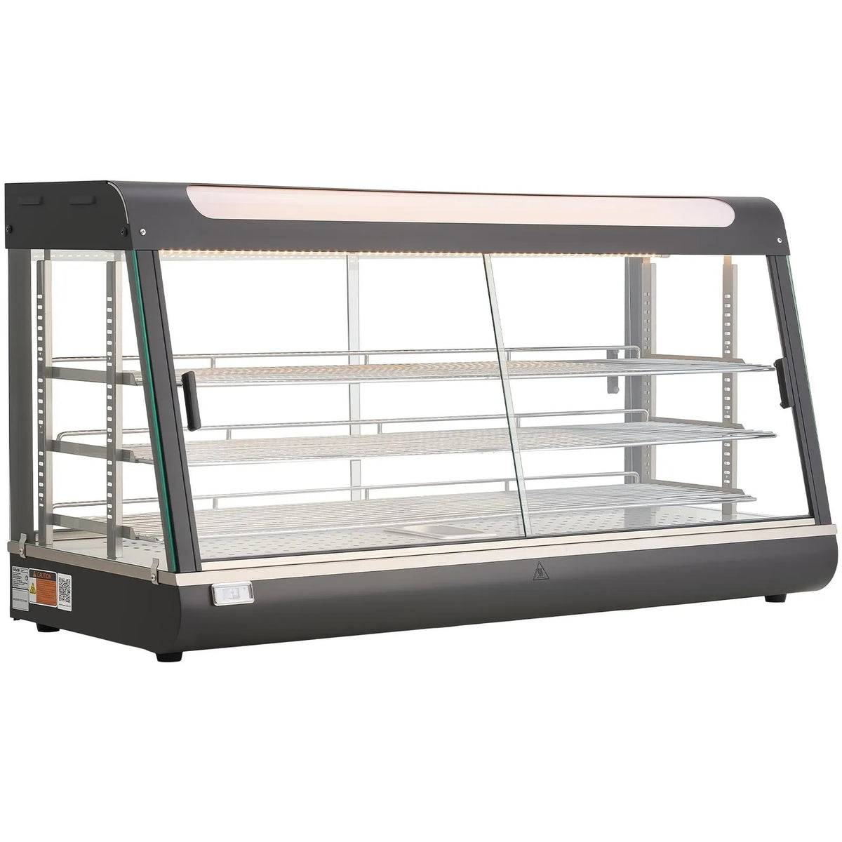 VEVOR 3 līmeņu komerciālā pārtikas sildīšanas vitrīna, 1600 W pārtikas vitrīna ar LED apgaismojumu, augšējo uzglabāšanas nodalījumu un regulējamiem plauktiem, tvaika sildīšana 30–85 ℃, 180 l hamburgeriem, picām, maizei un ceptai vistai - ZEMLETES.LV