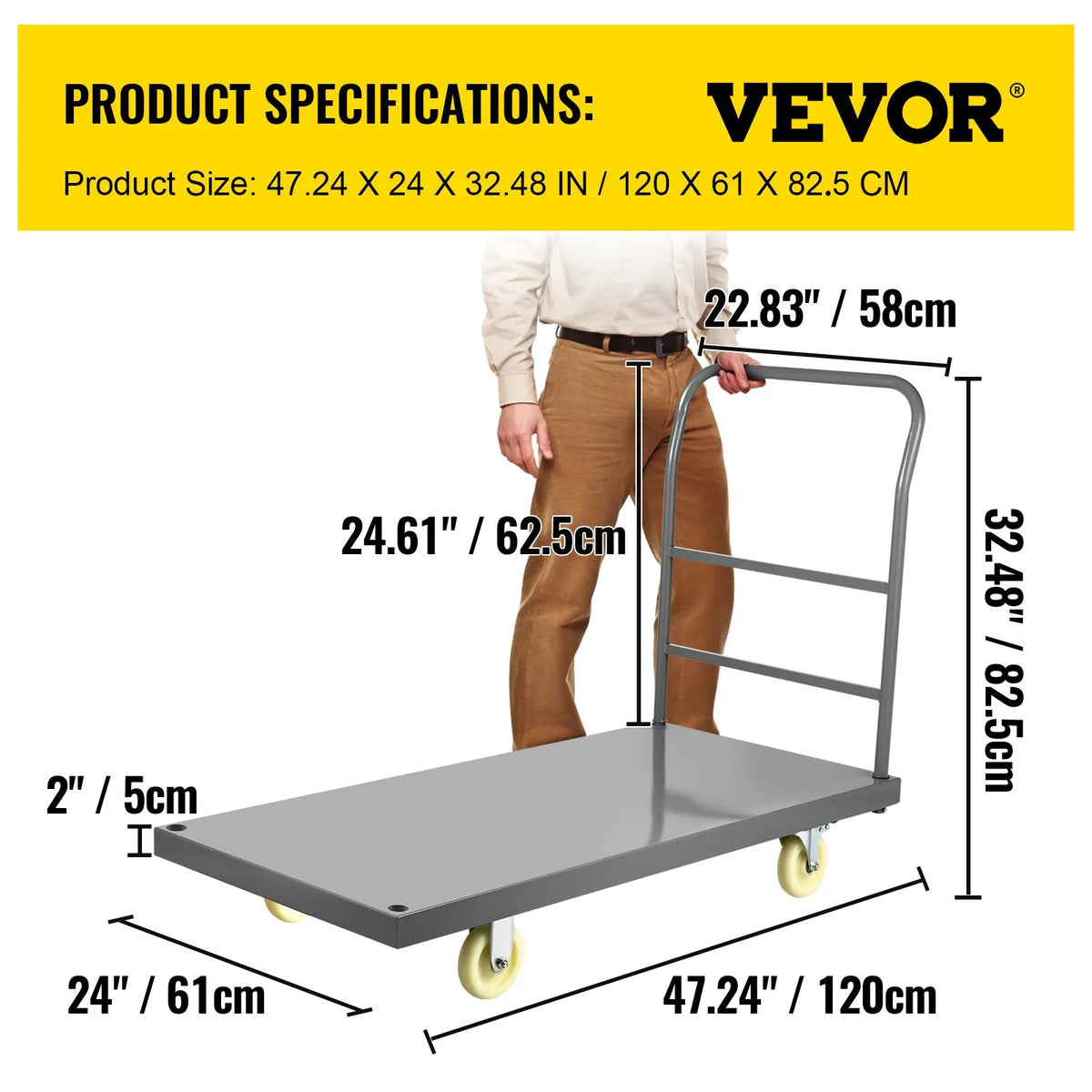 VEVOR platformas ratiņi, kravnesība 907,2 kg, tērauda plakanie ratiņi ar neilona riteņiem 127 mm, 1194 × 610 × 813 mm - ZEMLETES.LV