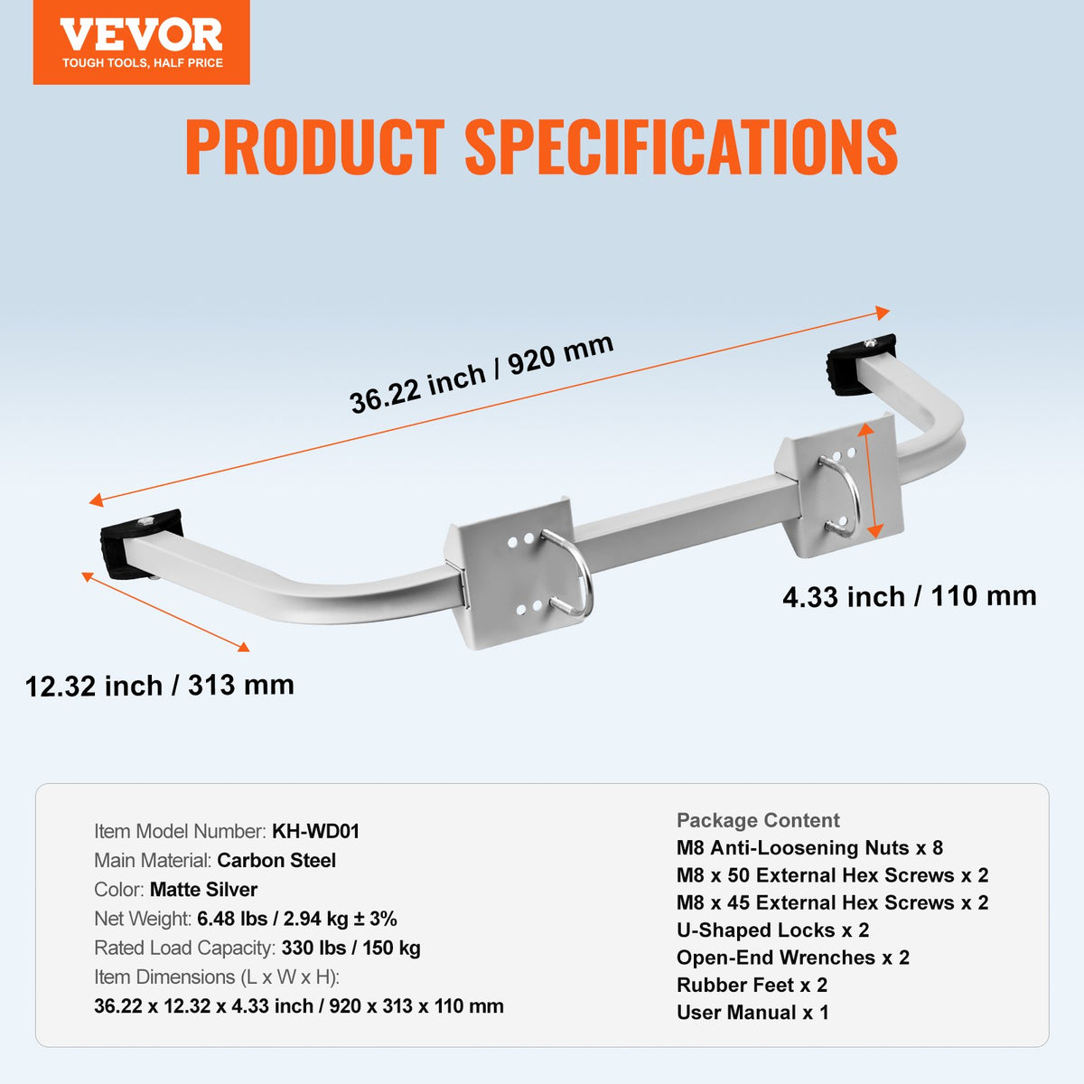 VEVOR kāpņu stabilizators ar sienas distances balstu, izturīgs paplašinājuma stiprinājums kāpnēm jumta un noteku darbiem, neslīdošas gumijas kājiņas, celtspēja 150 kg - ZEMLETES.LV