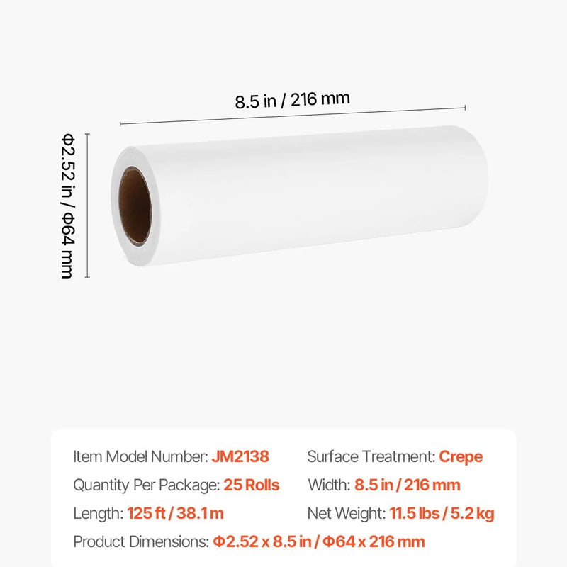VEVOR galvas balsta papīra ruļļi, 25 gab., 21,6 cm x 38,1 m medicīniskais pārklājuma papīrs ar krepētu virsmu, vienreizlietojams aizsargpapīrs masāžas, medicīniskajiem un hiropraktikas galdiem, balts